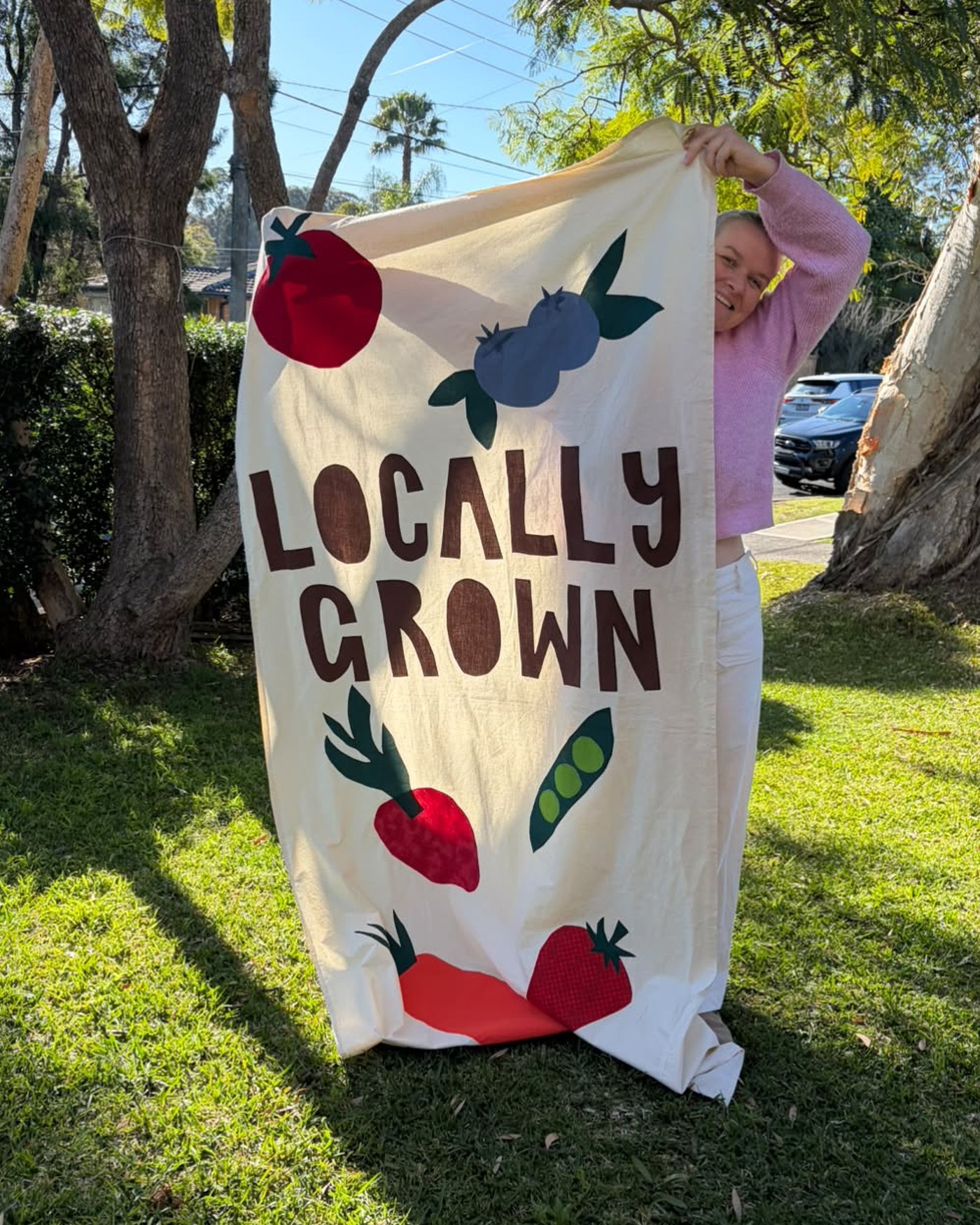 A large cream banner appliquéd with a tomato, blueberries, a radish and peas, reading Locally Grown, held up in the sun.